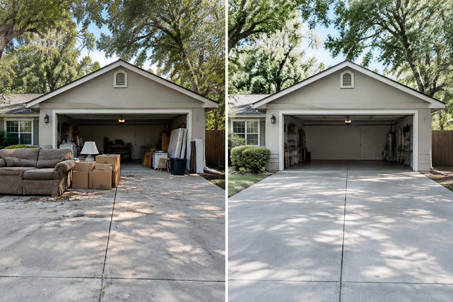 Illustrative residential driveway and garage before and after junk removal