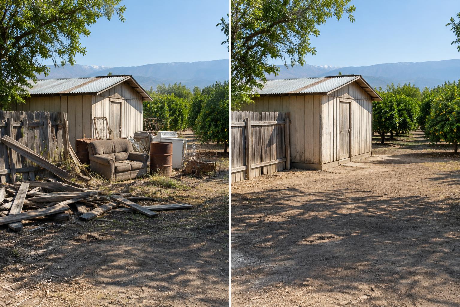 Illustrative rural property cleanup before and after, beside an orchard